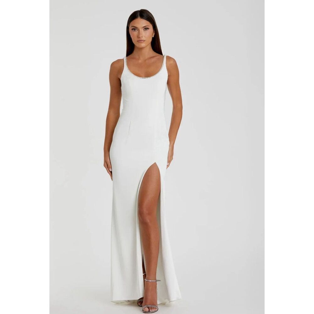 Ieena Mac Duggal White Scoop Neck‎ Sleeveless Ball Gown Sz 14  Bride High Slit